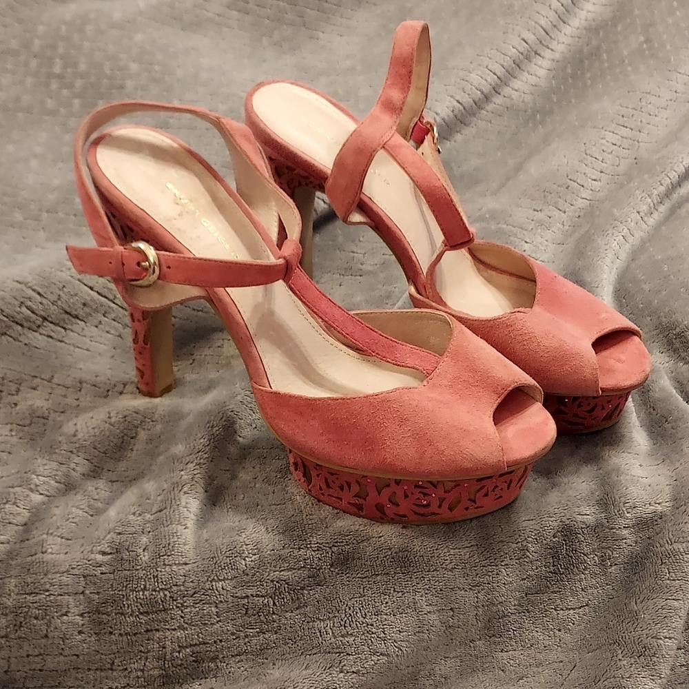 KG Kurt Geiger London Peep Toe Platform silhouette heel Pink Leather sz 39 Boho